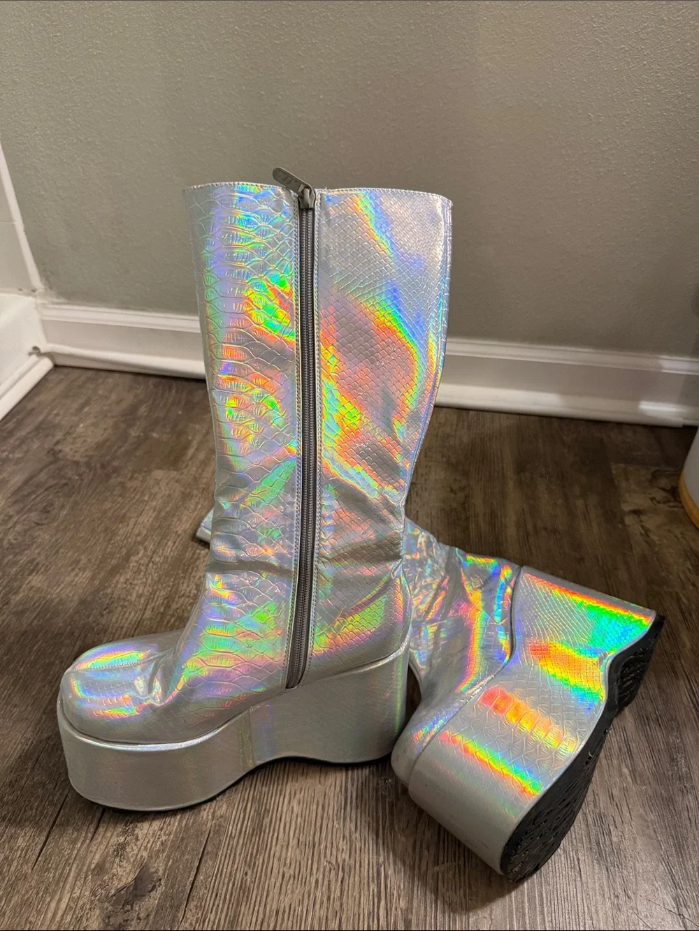 Ellie Holographic Silver Platform Knee-High Boots